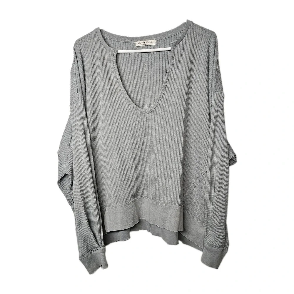 Free People We The Free Owen Grey Thermal Oversized Waffle Knit Top Sz Small